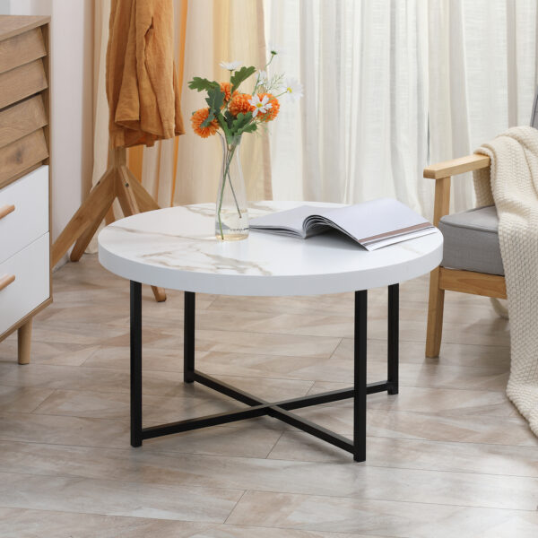 Tavolino da Caffè Rotondo con Piano Effetto Marmo in MDF e Gambe in Metallo, Φ80x45 cm, Bianco