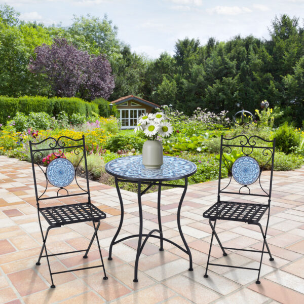 Set da Giardino 3 Pezzi: Tavolino, 2 Sedie Pieghevoli con Mosaico, Blu