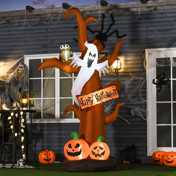 Addobbo Halloween Gonfiabile con Albero Fantasma Gufo e Zucche Luci LED e Gonfiatore Integrato - Marrone